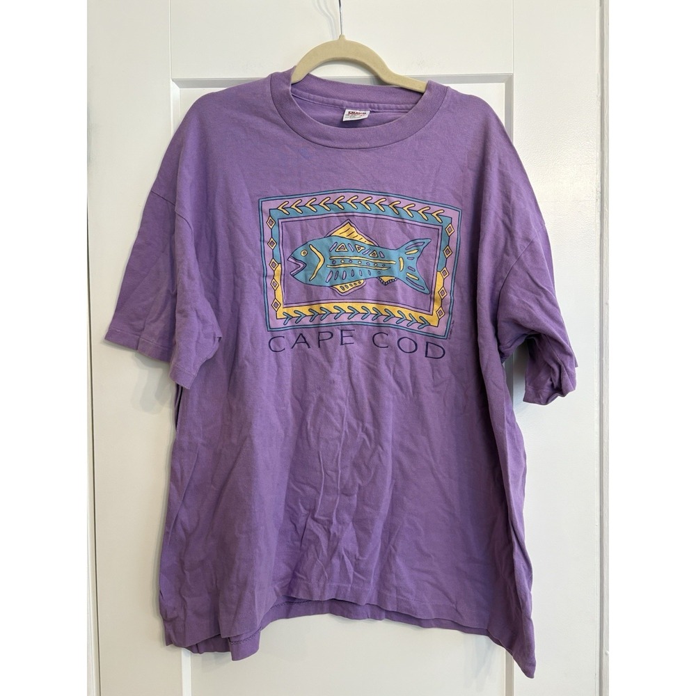 Vintage 90s Cape Cod Men's 2XL Purple Fish T-Shirt Single Stitch Made In USA